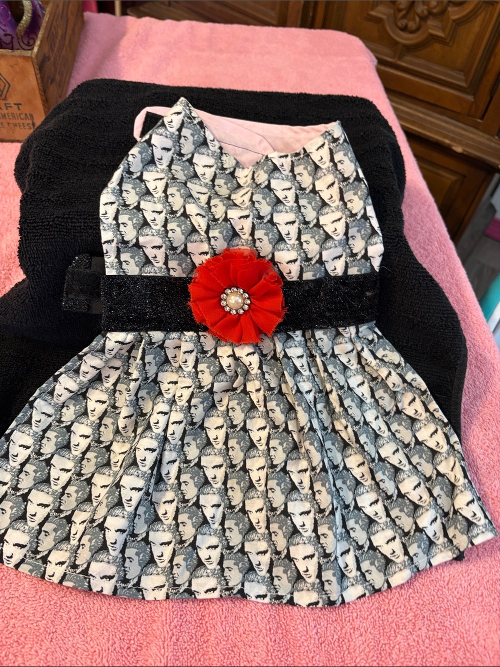Handmade Doggie Dress. Featuring Elvis Presley print w/ sequin adjustable belt